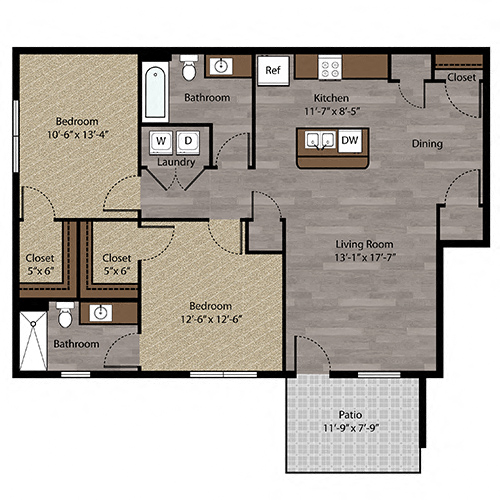 Floor plan for 2 beds, 2 baths, 1022 sqft